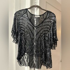 Parker Black Sequin Flutter Sleeve Blouse